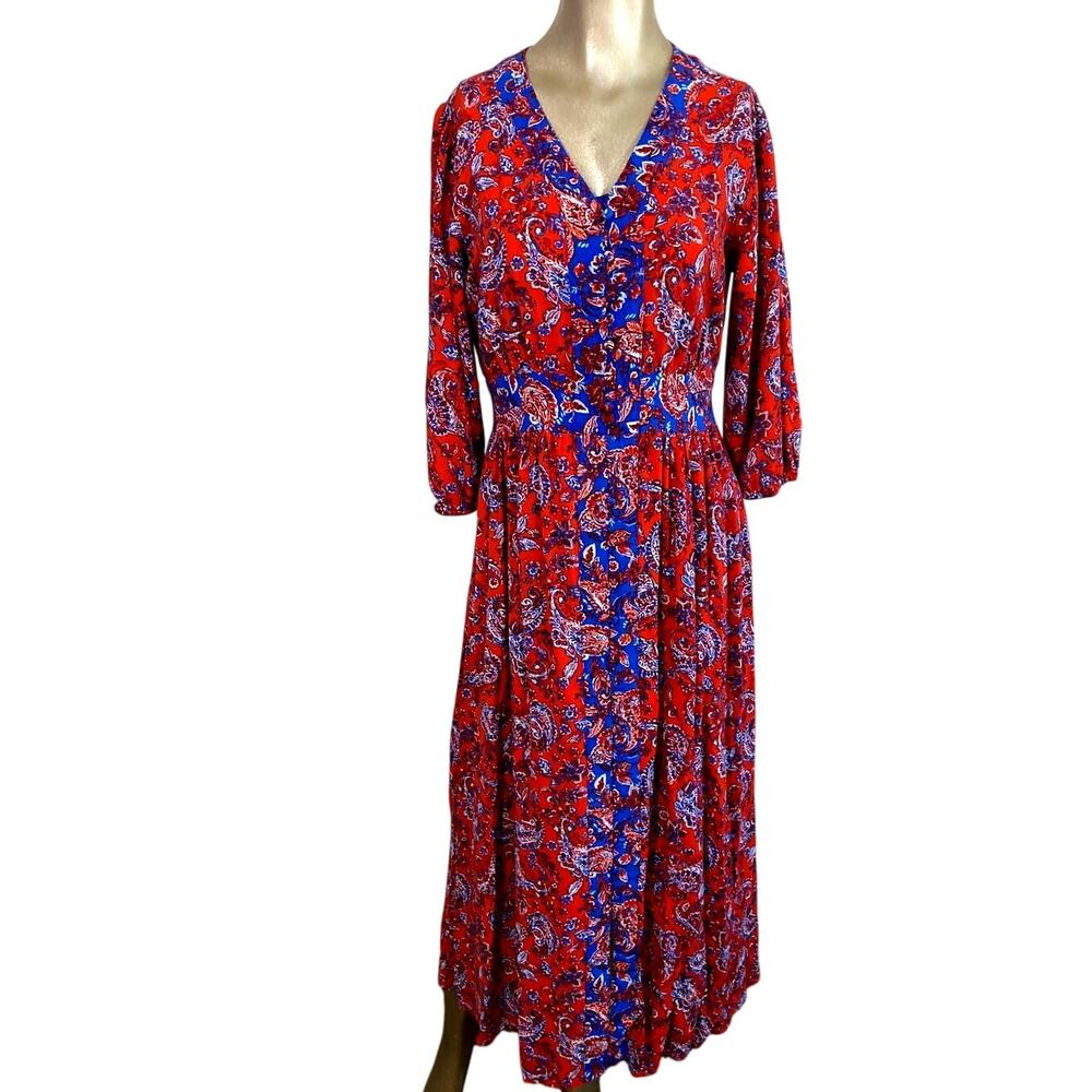 Japna Boho Paisley Rayon Midi Dress Size L Orange Blue Long Sleeve V-Neck